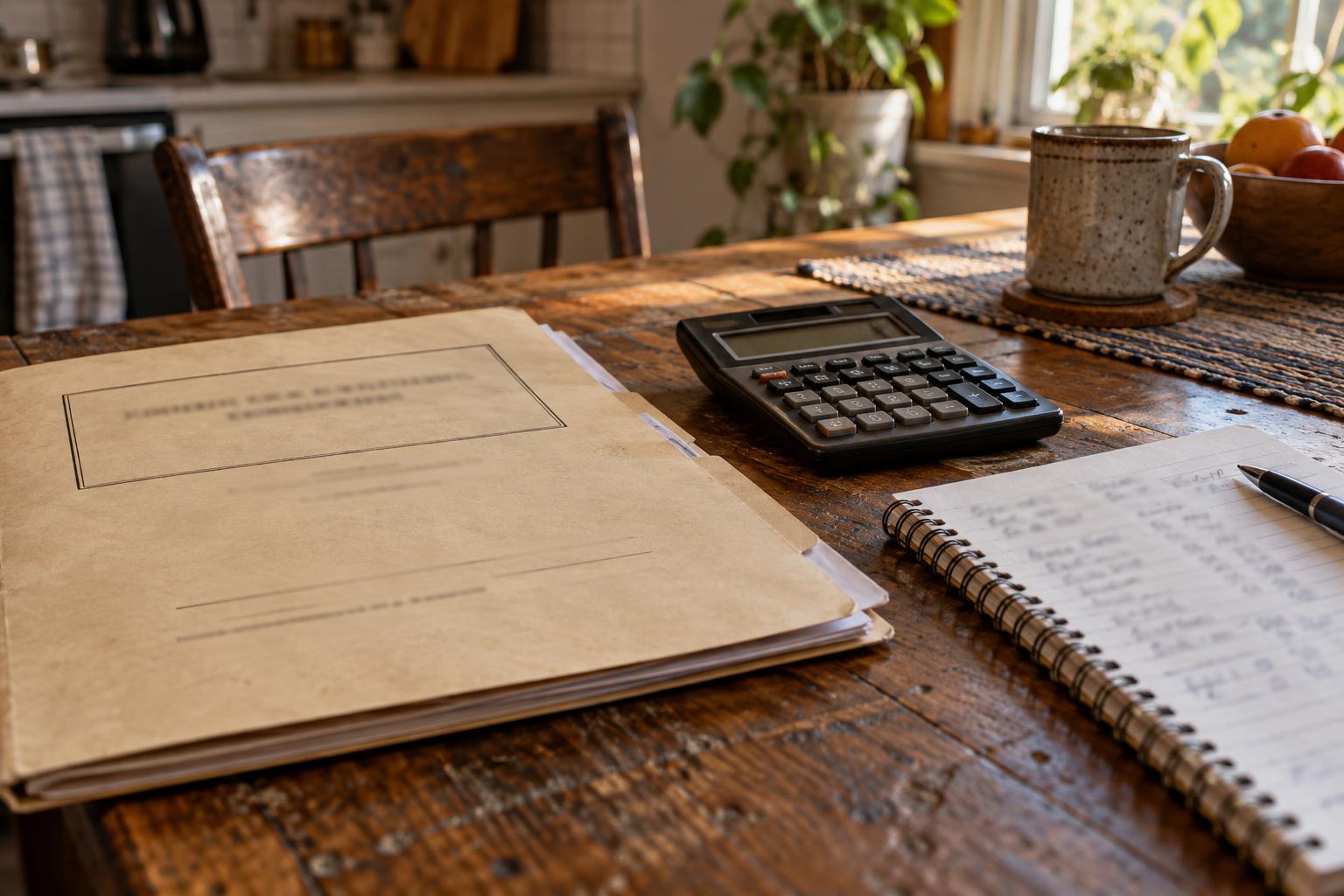 Structured settlement agreement folder next to a calculator and household budget notebook.