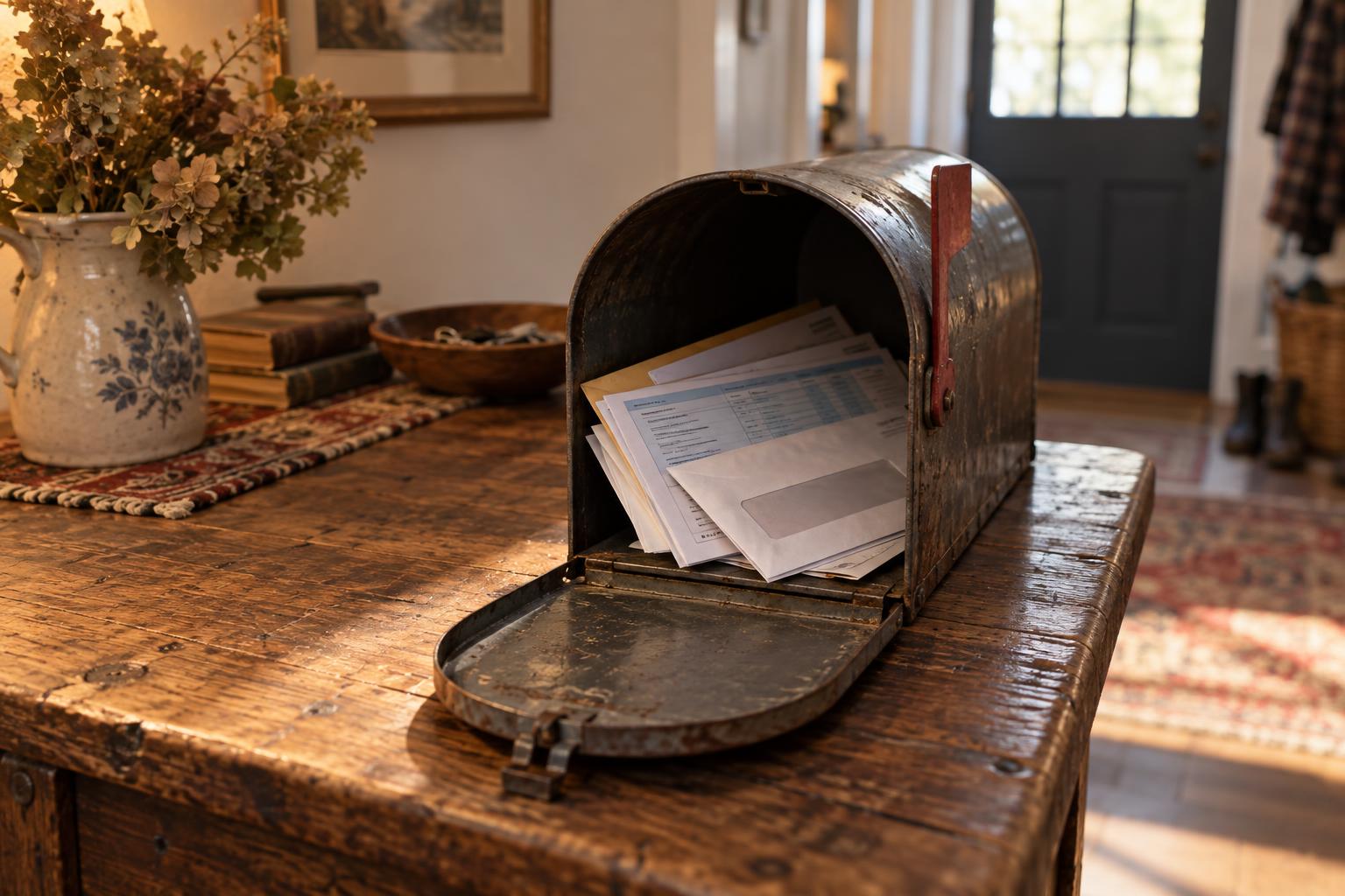 Mailbox containing an annual structured settlement statement and federal tax forms.
