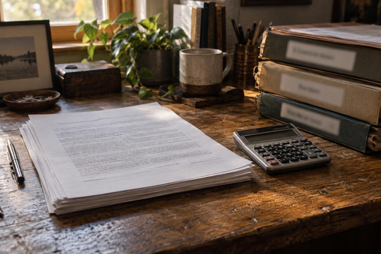 Calculator, settlement agreement, and labeled tax folders on a home office desk.
