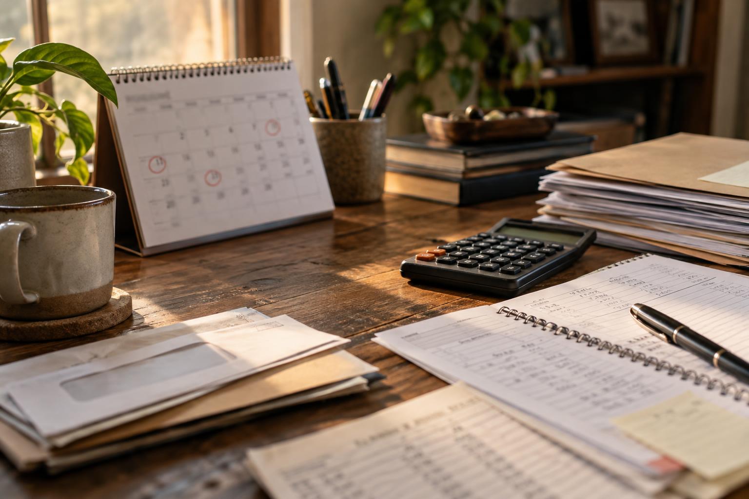 Calendar showing monthly settlement payments beside organized personal finance records.