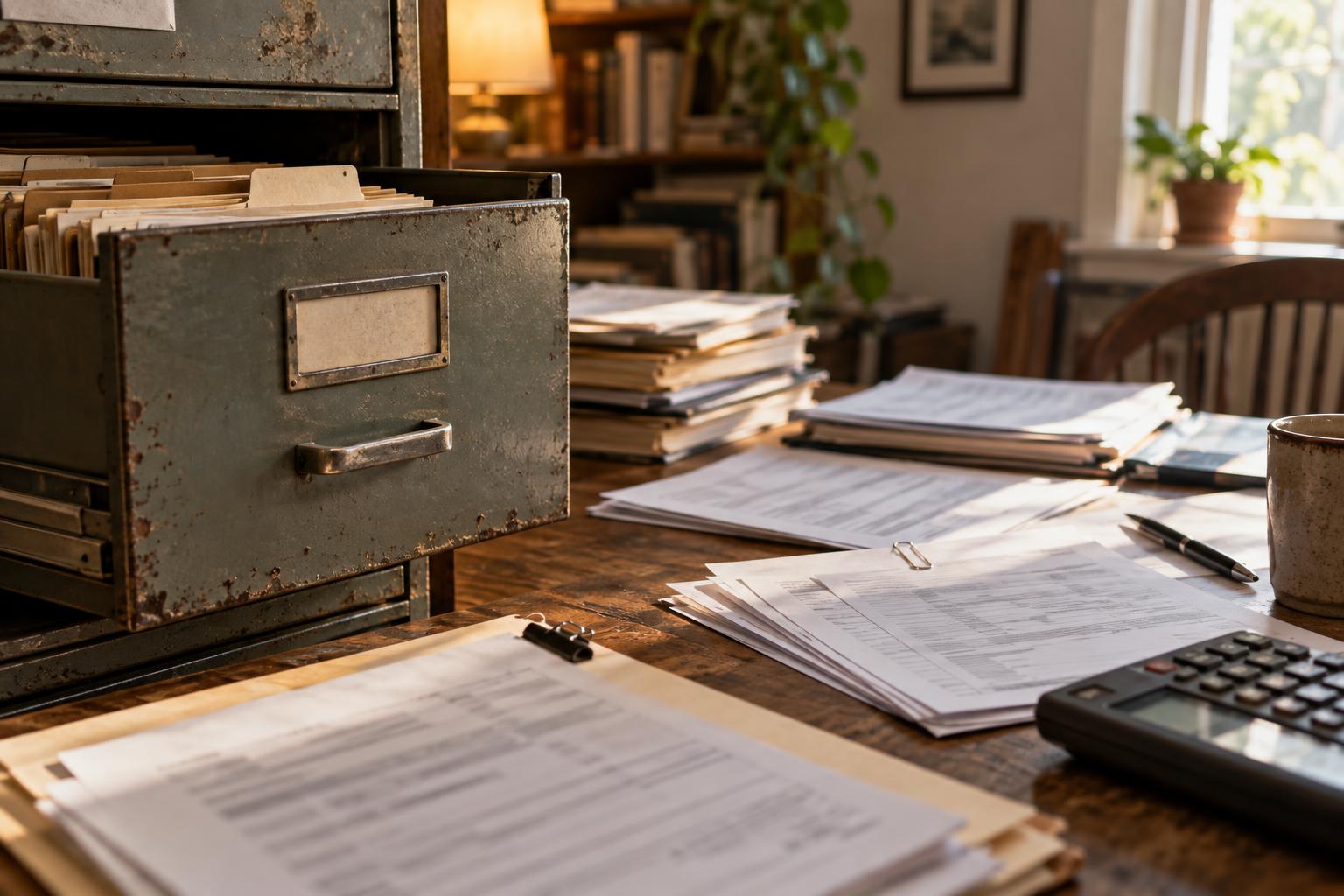 Filing cabinet labeled structured settlement, tax records, and insurance documents in a home office.