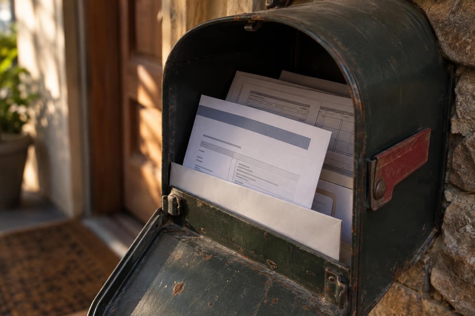 Mailbox containing an annual structured settlement statement and federal tax forms.