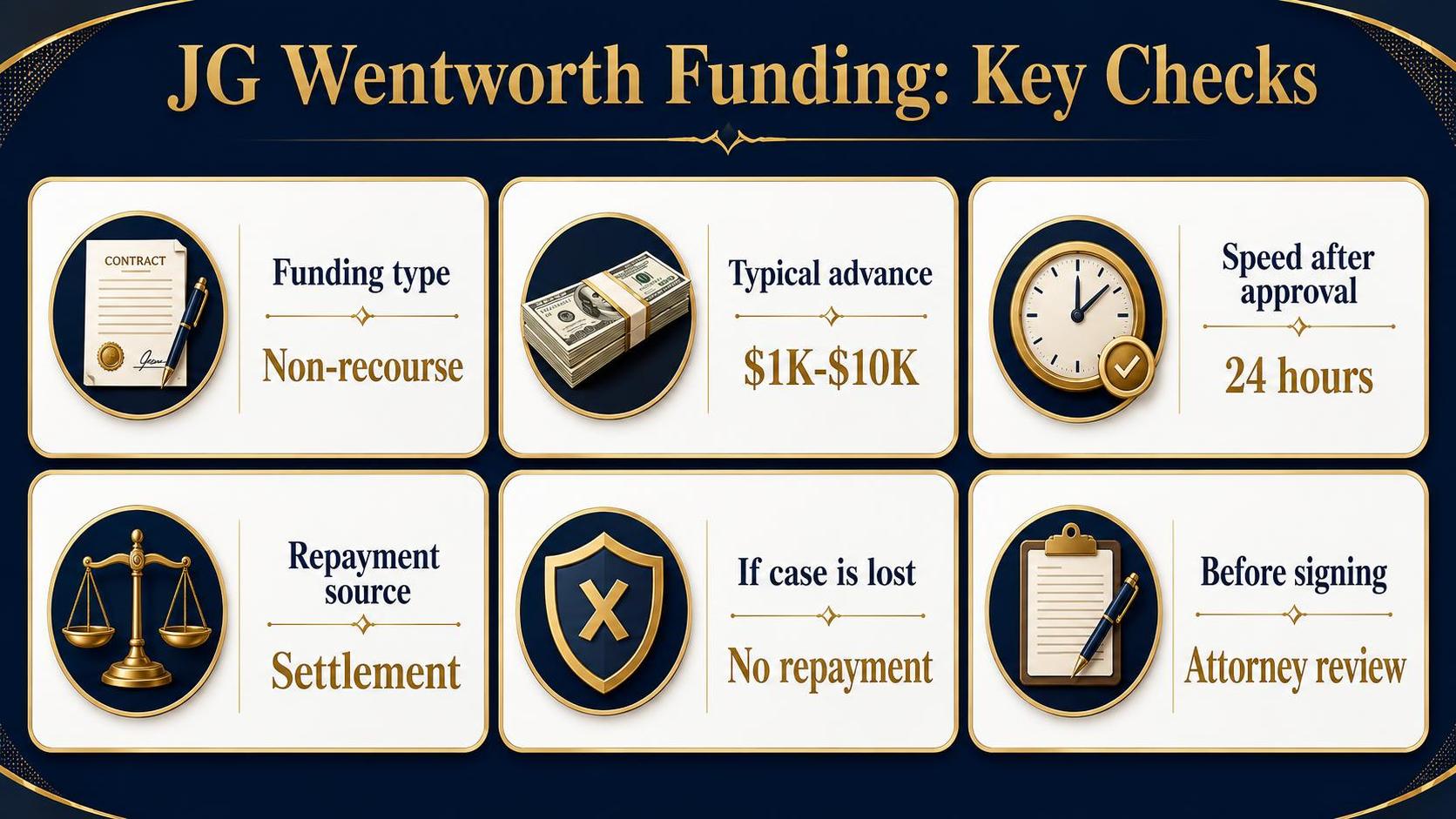 JG Wentworth Funding: Key Checks: Funding type, Typical advance, Speed after approval.