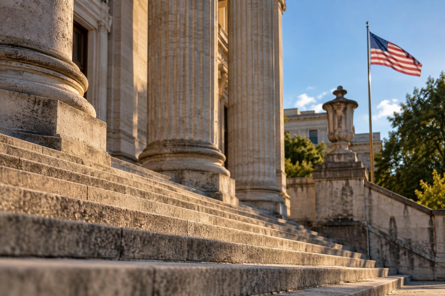 Courthouse steps with an American flag visible against a clear blue sky overhead.