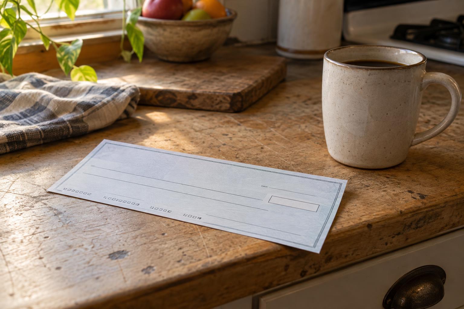 A structured settlement payment check lying on a kitchen counter next to a coffee mug.