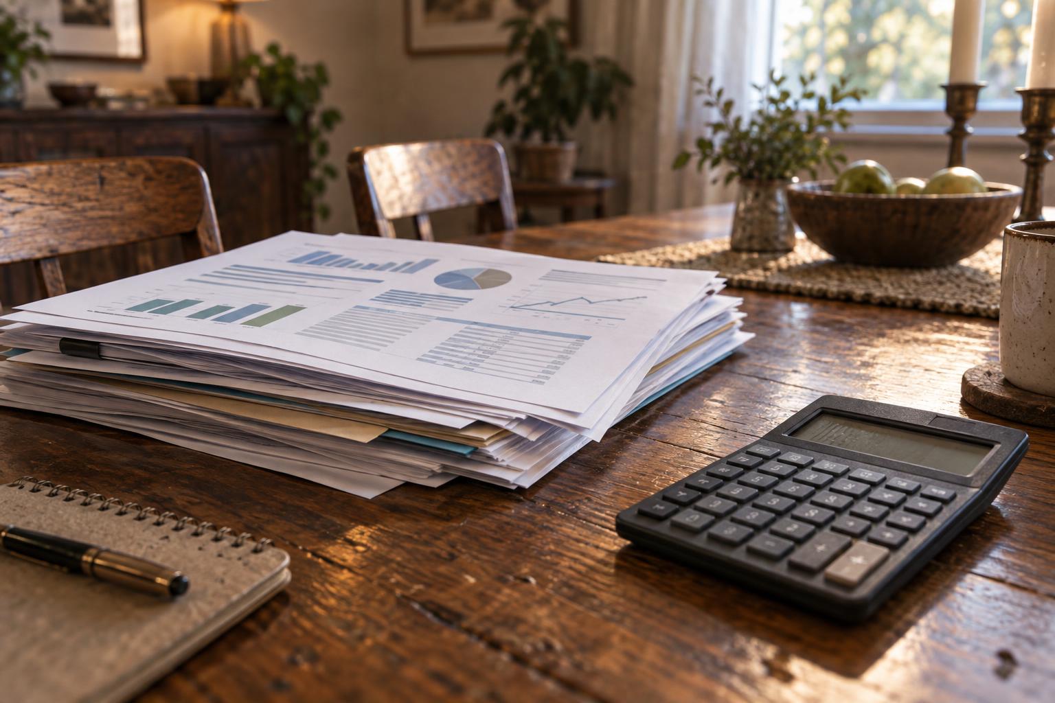 Stack of financial planning documents beside a calculator on a polished wooden dining table.