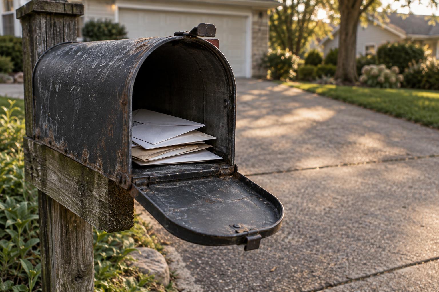 A mailbox at the end of a suburban driveway with envelopes visible inside the open door.