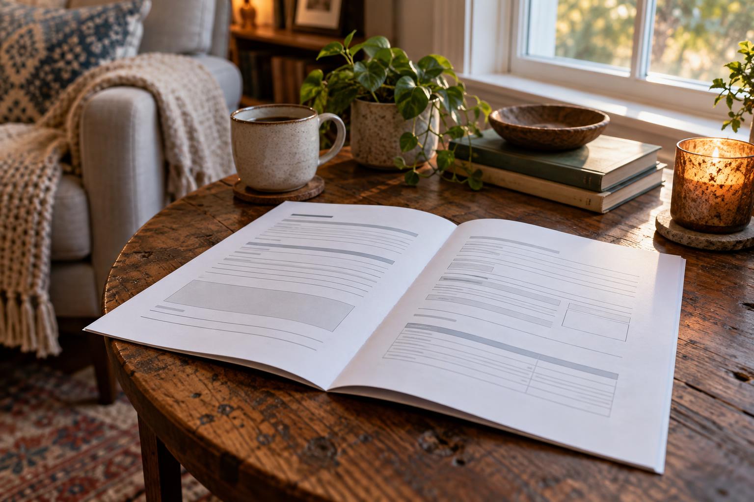 An annuity contract document spread open on a living room side table near a window.