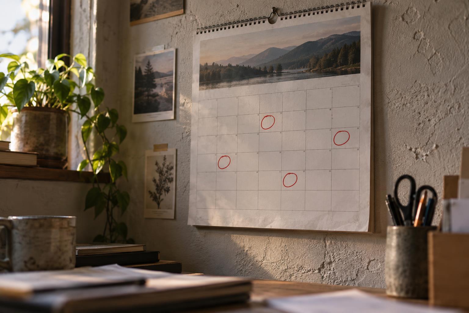 A wall calendar with monthly payment dates circled in red marker in a home office.