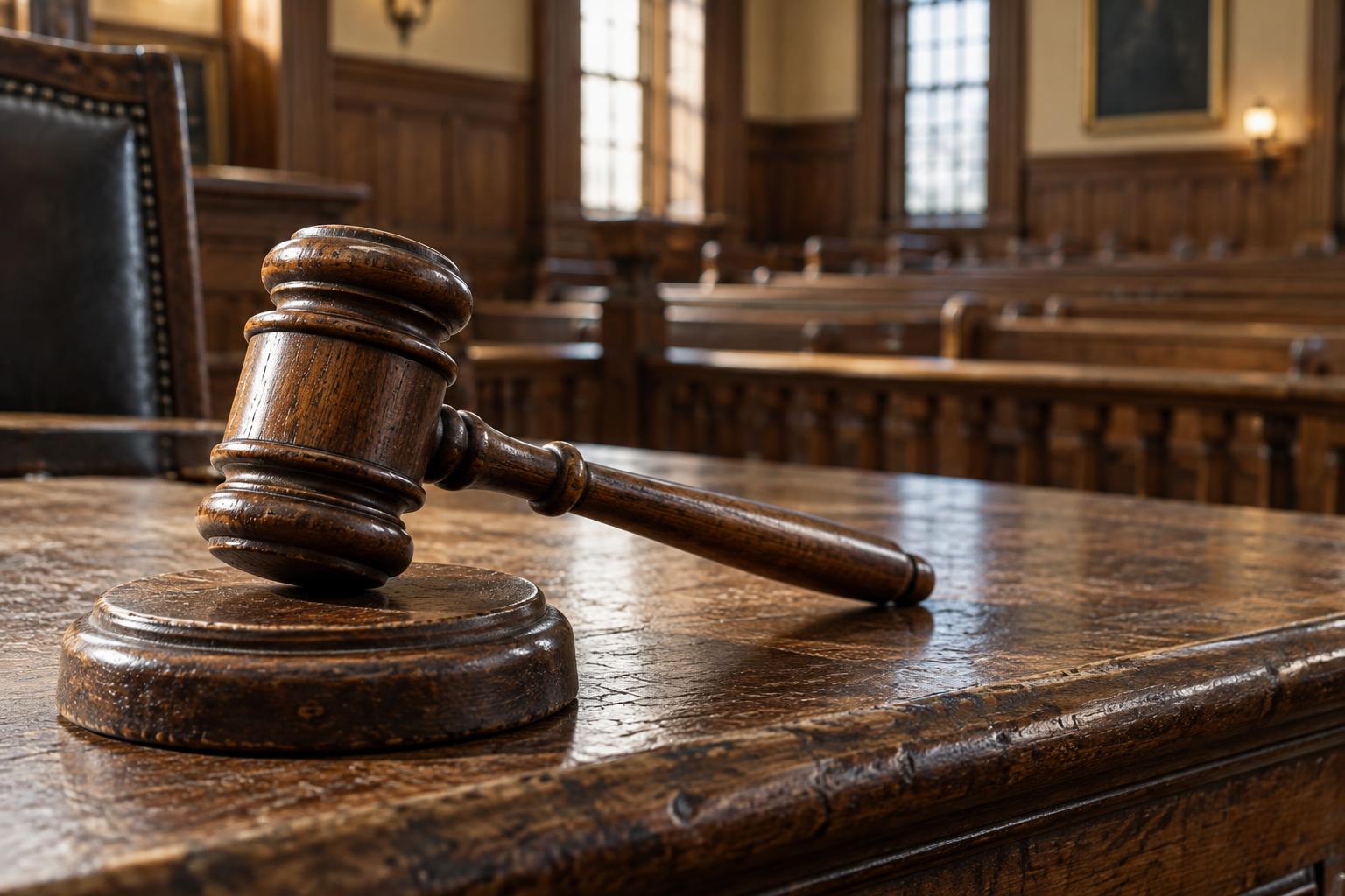 Close-up of a gavel resting on a judge's bench in an empty civil courtroom.