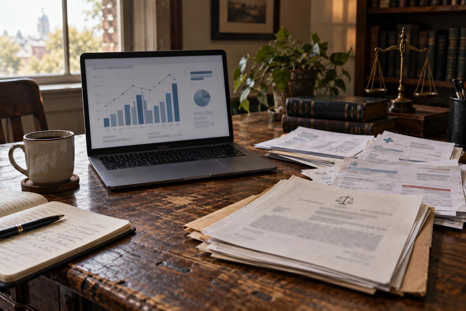 Open laptop showing settlement funding cost chart beside medical bills and court documents.