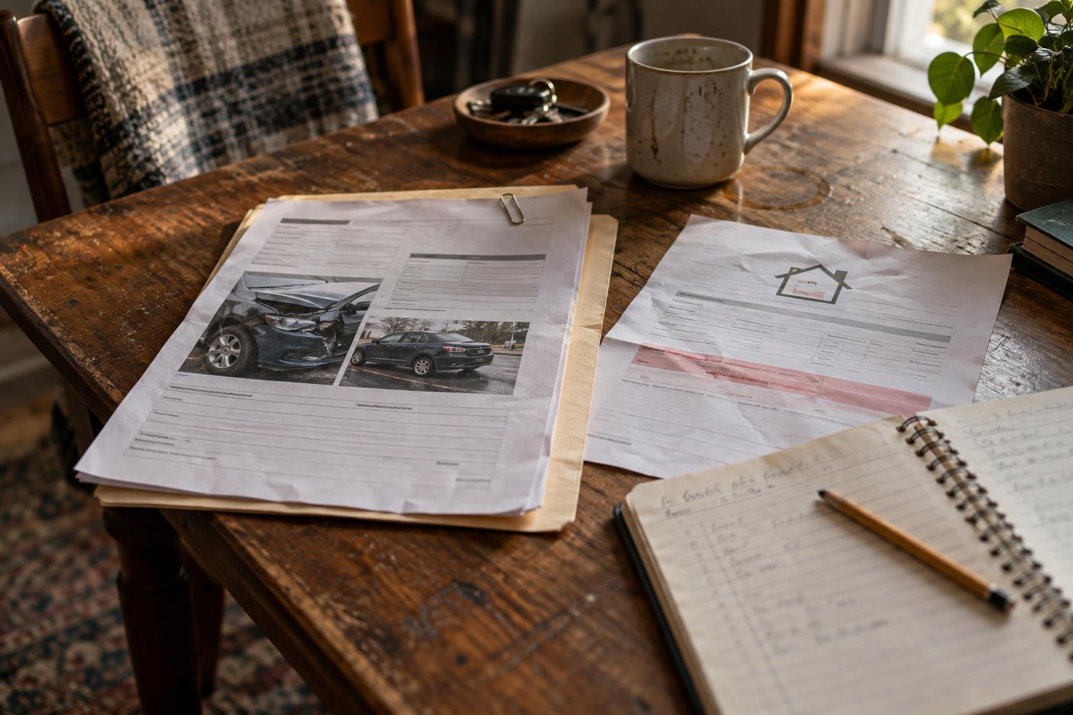 Car accident claim folder next to unpaid rent notice and budget notebook.