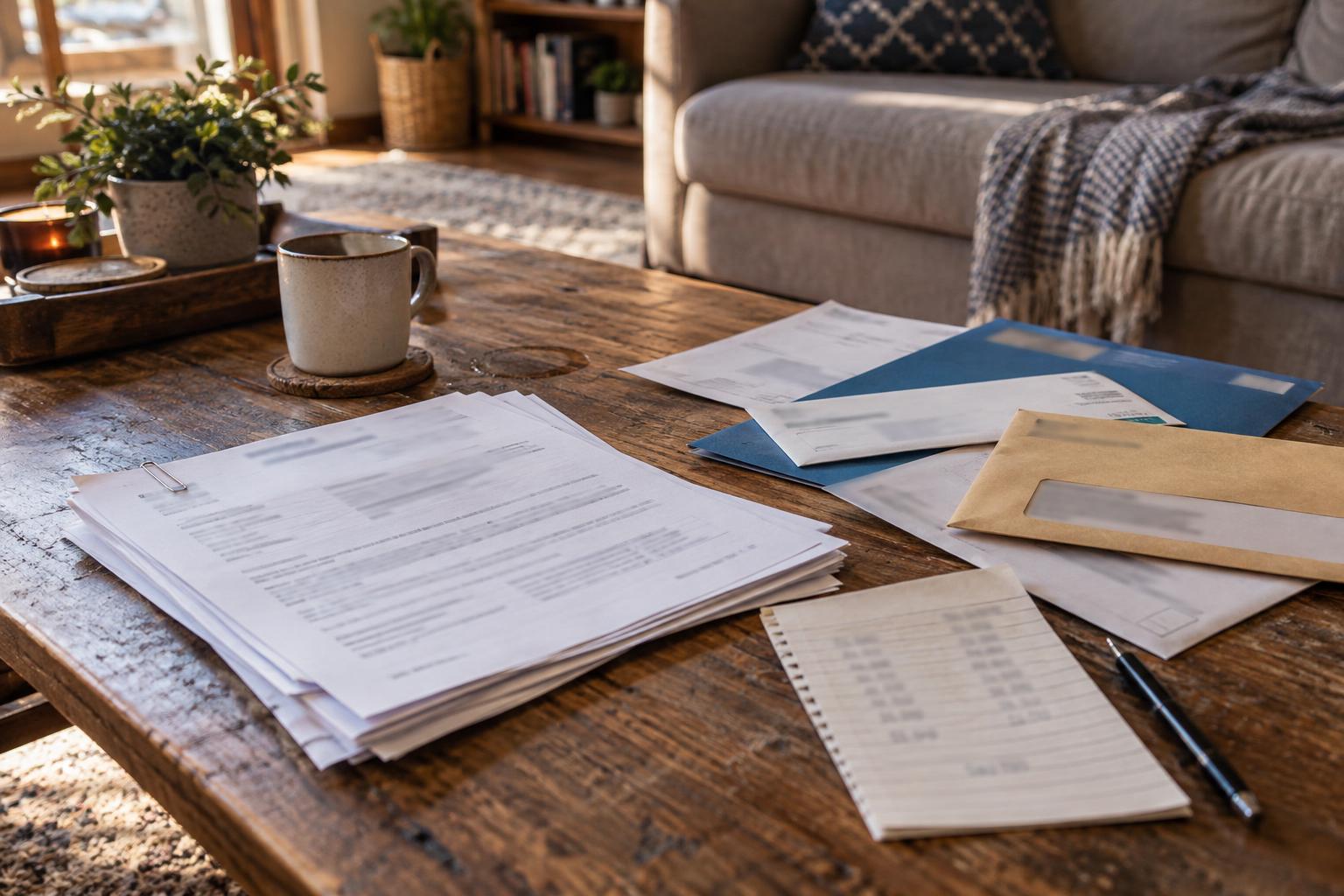 Coffee table with structured settlement papers, APR notes, and competing funding offers.