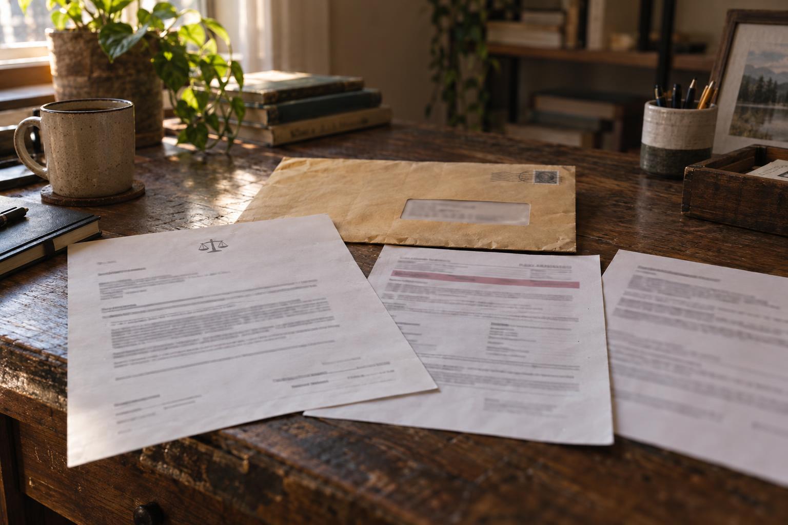 Home office desk with state court envelope, lien notice, and fee disclosure printouts.