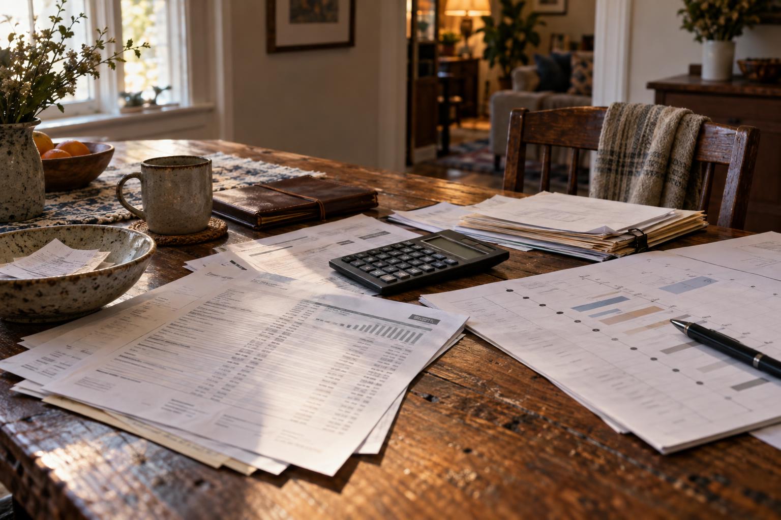 Bank statement, calculator, and legal case timeline spread across a dining table.