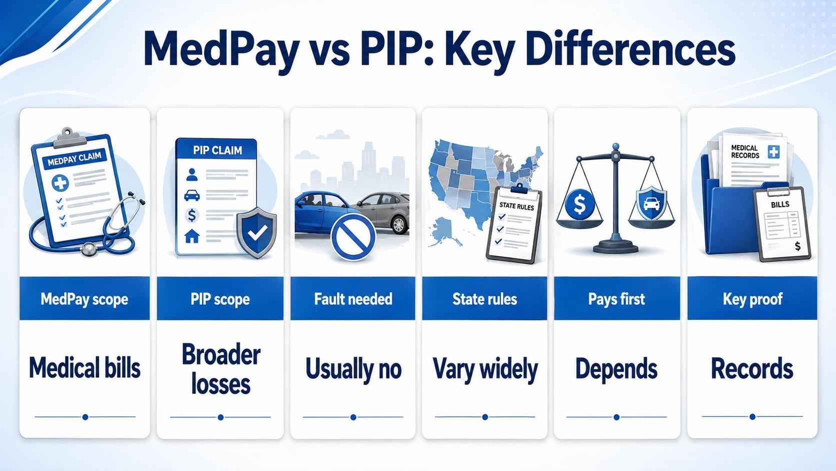 MedPay vs PIP: Key Differences: MedPay scope, PIP scope, Fault needed.