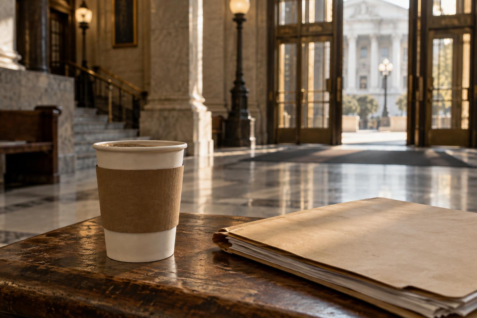 Courthouse entrance with a nearby coffee cup and folder labeled settlement funding documents.
