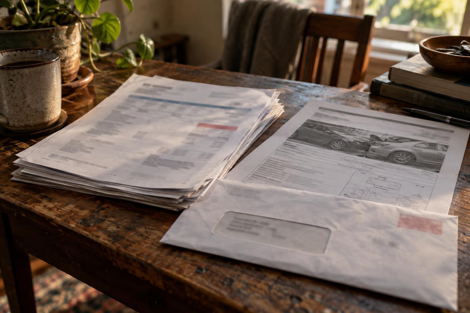 Stack of medical bills, accident report, and Peachtree funding mail on a desk.