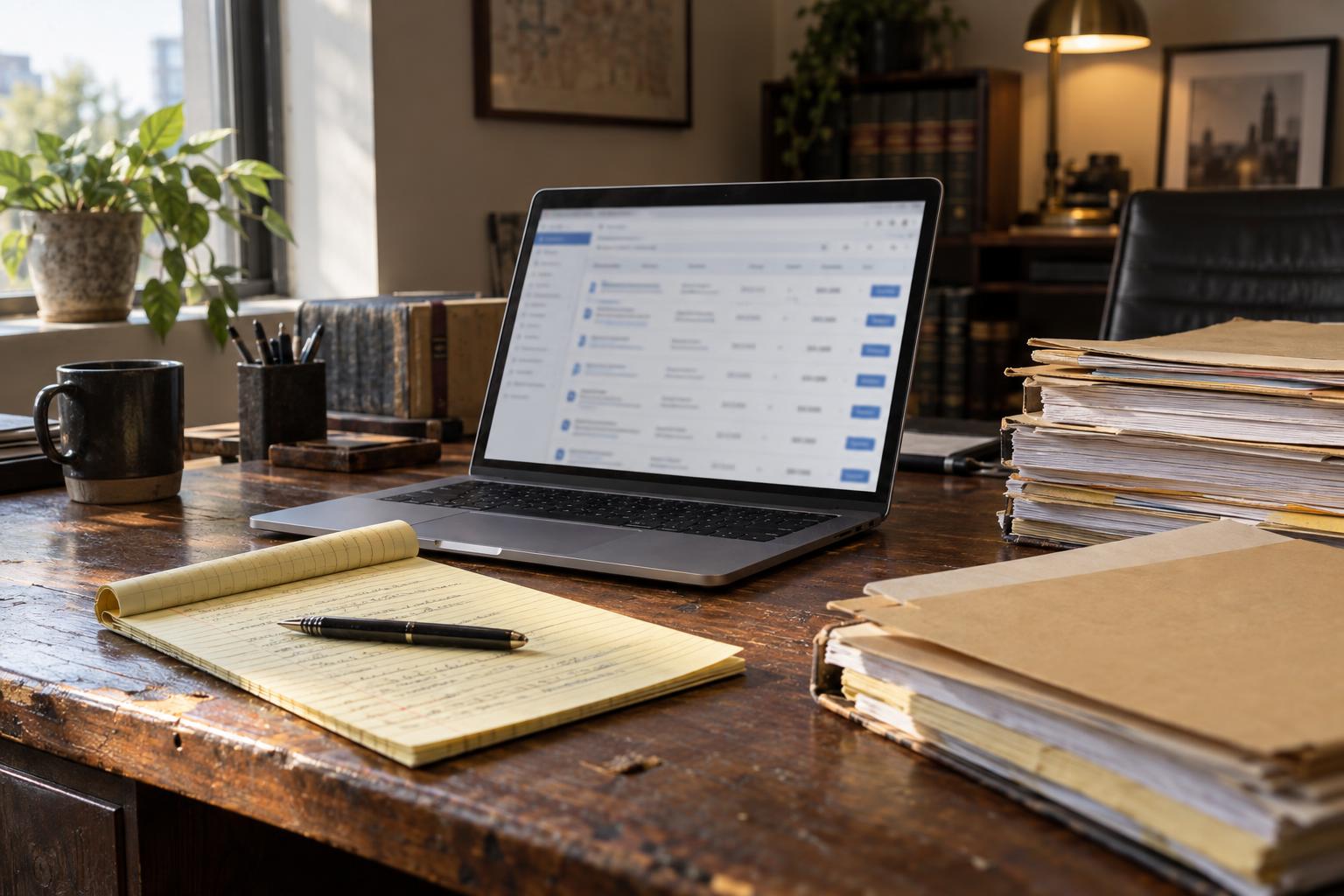 Laptop showing pre-settlement funding search results beside legal pads and case documents.