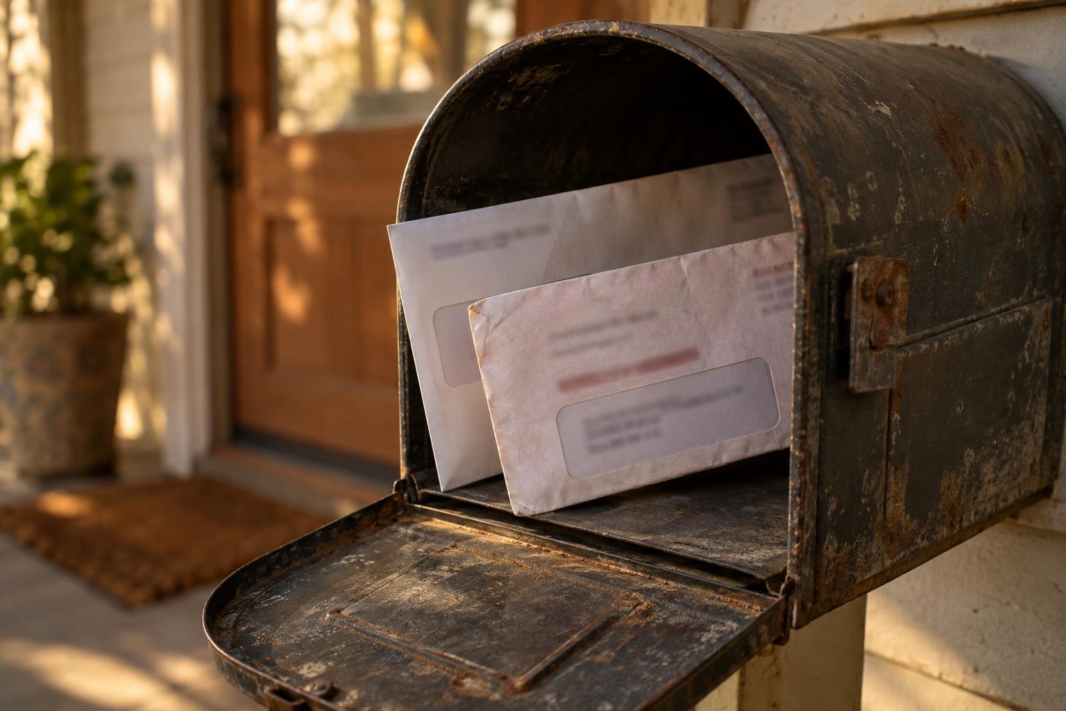 Mailbox holding an envelope from Peachtree and a civil lawsuit notice.