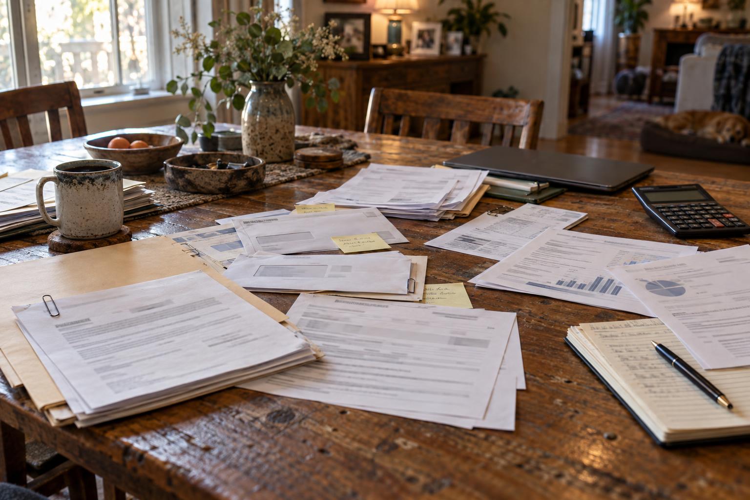 Dining table covered with insurance letters, attorney correspondence, and funding comparison notes.