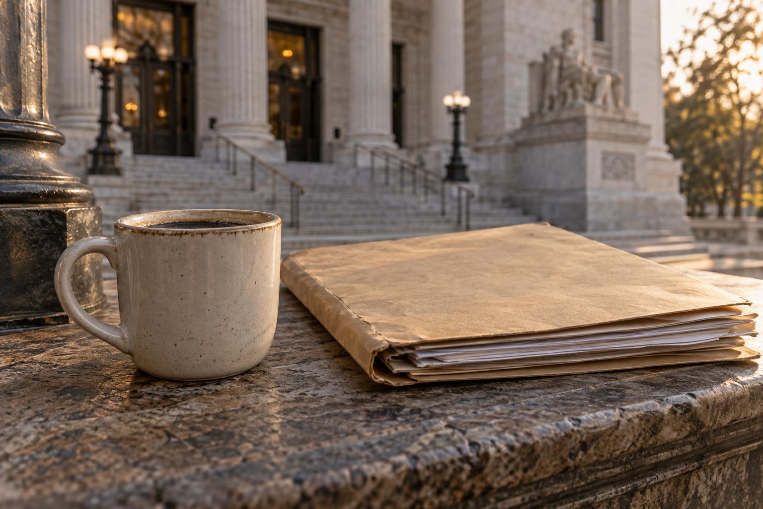 Courthouse entrance with a nearby coffee cup and folder labeled settlement funding documents.