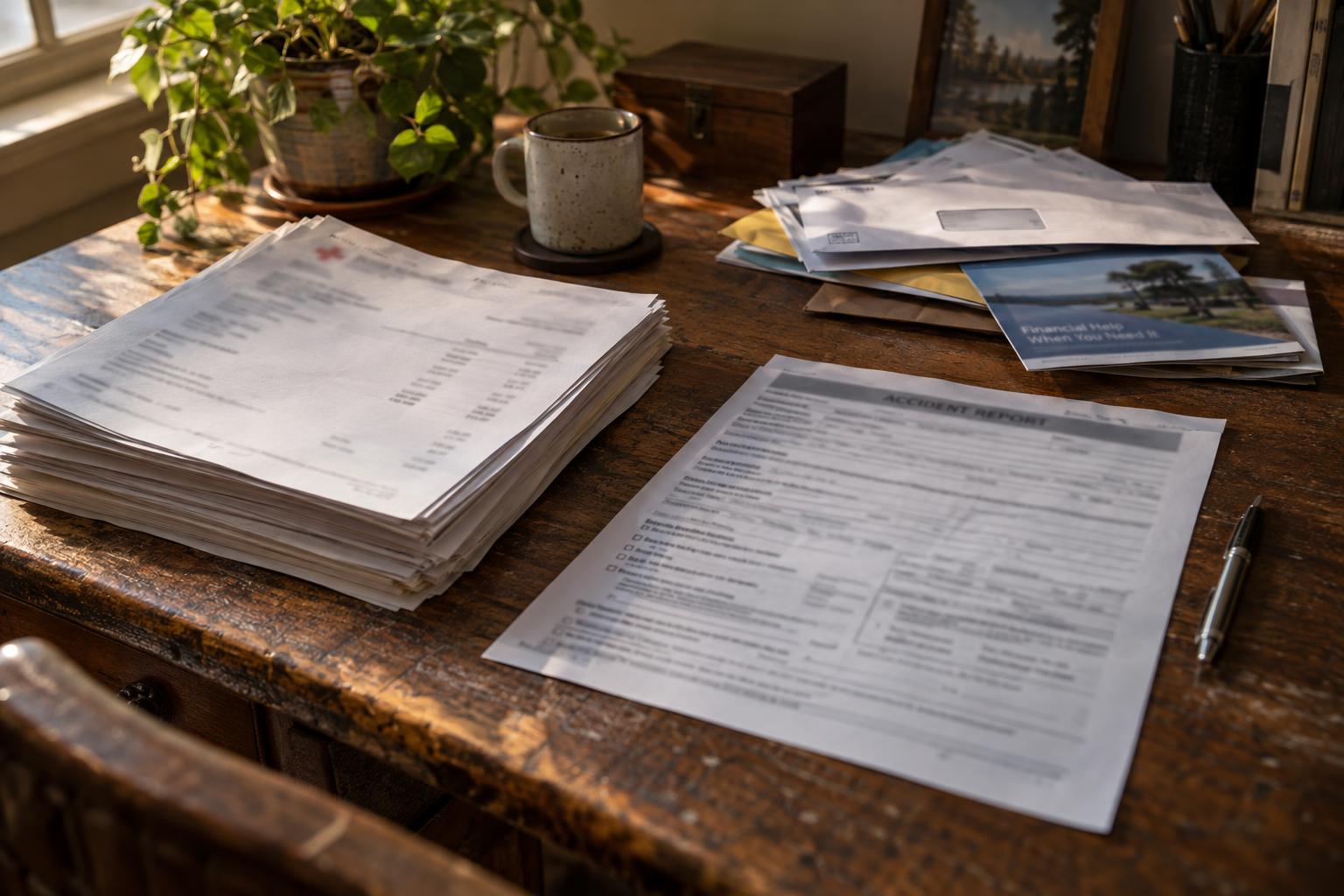 Stack of medical bills, accident report, and Peachtree funding mail on a desk.