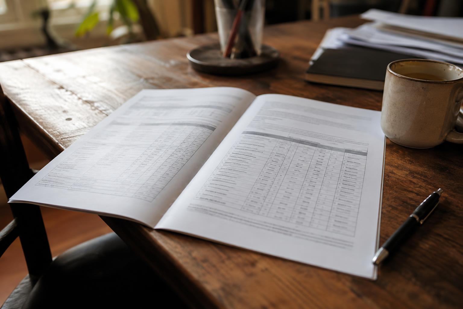 Structured settlement payment schedule document spread open on a wooden home-office desk.
