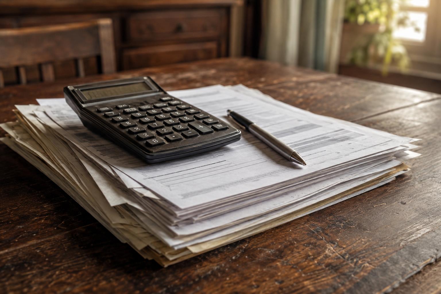 Calculator and pen resting on a stack of annuity contract paperwork on a dining table.