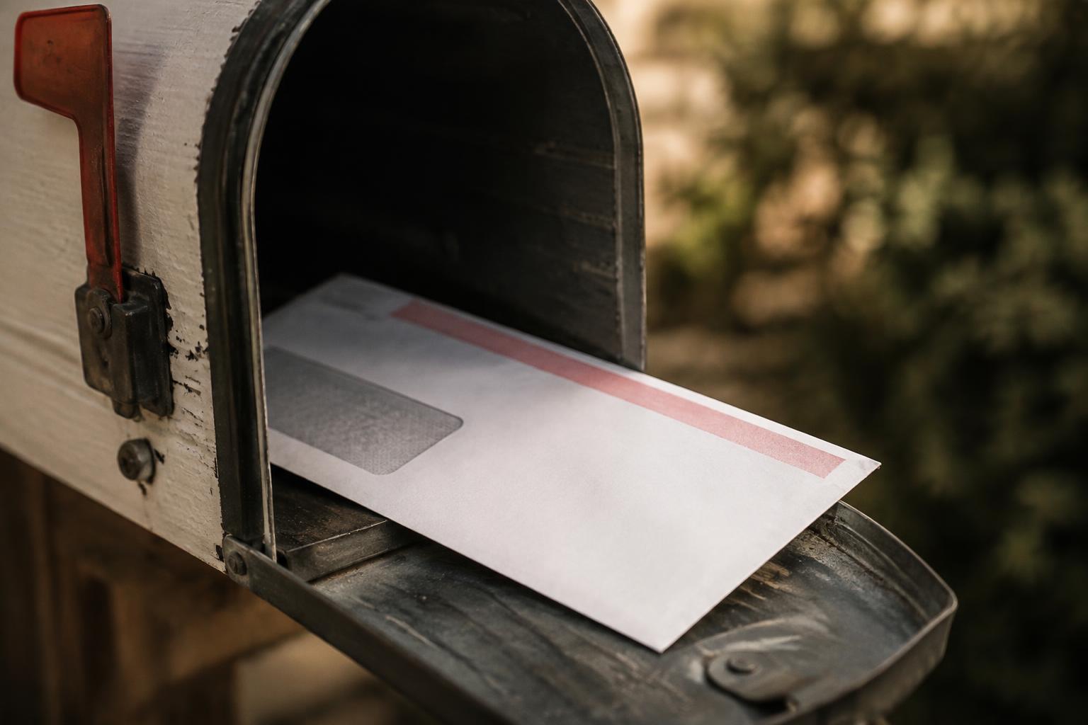 Certified mail envelope from a settlement funding company sitting in an open residential mailbox.