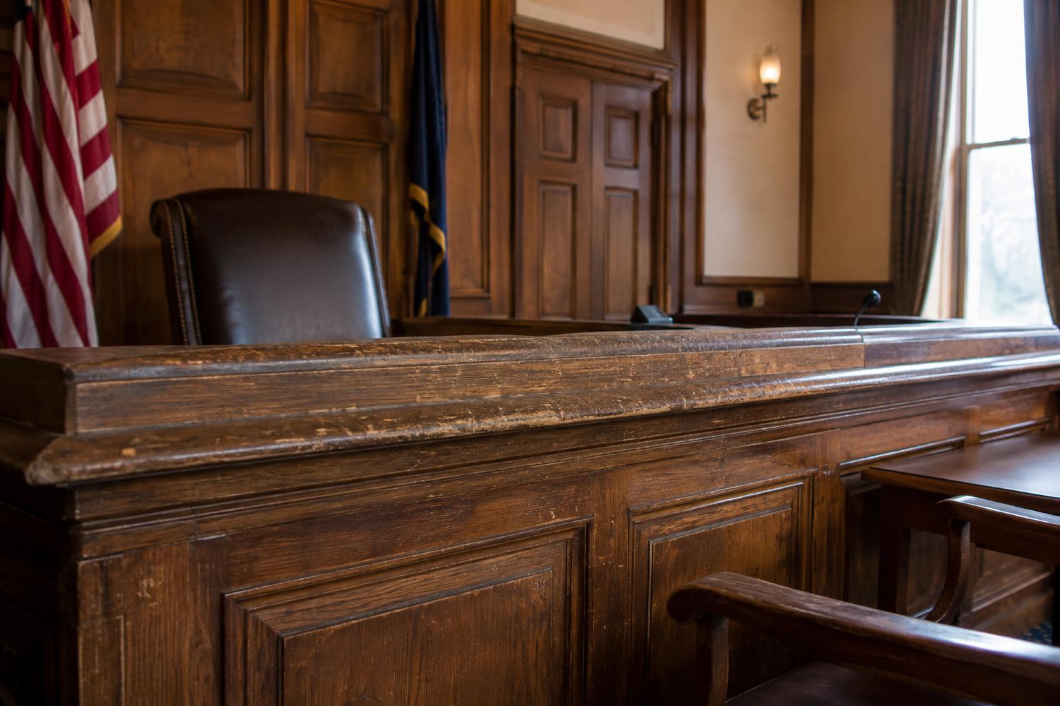 A judge's empty bench in a courtroom where structured settlement transfers get approved.