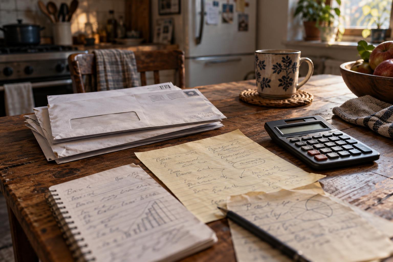 Unopened legal mail and calculator on kitchen table with lawsuit funding notes.