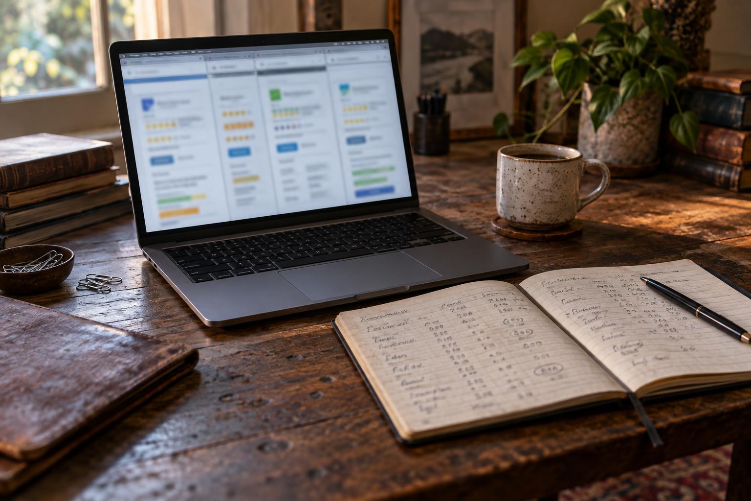Browser tabs comparing settlement funding company ratings beside a notebook of fees.