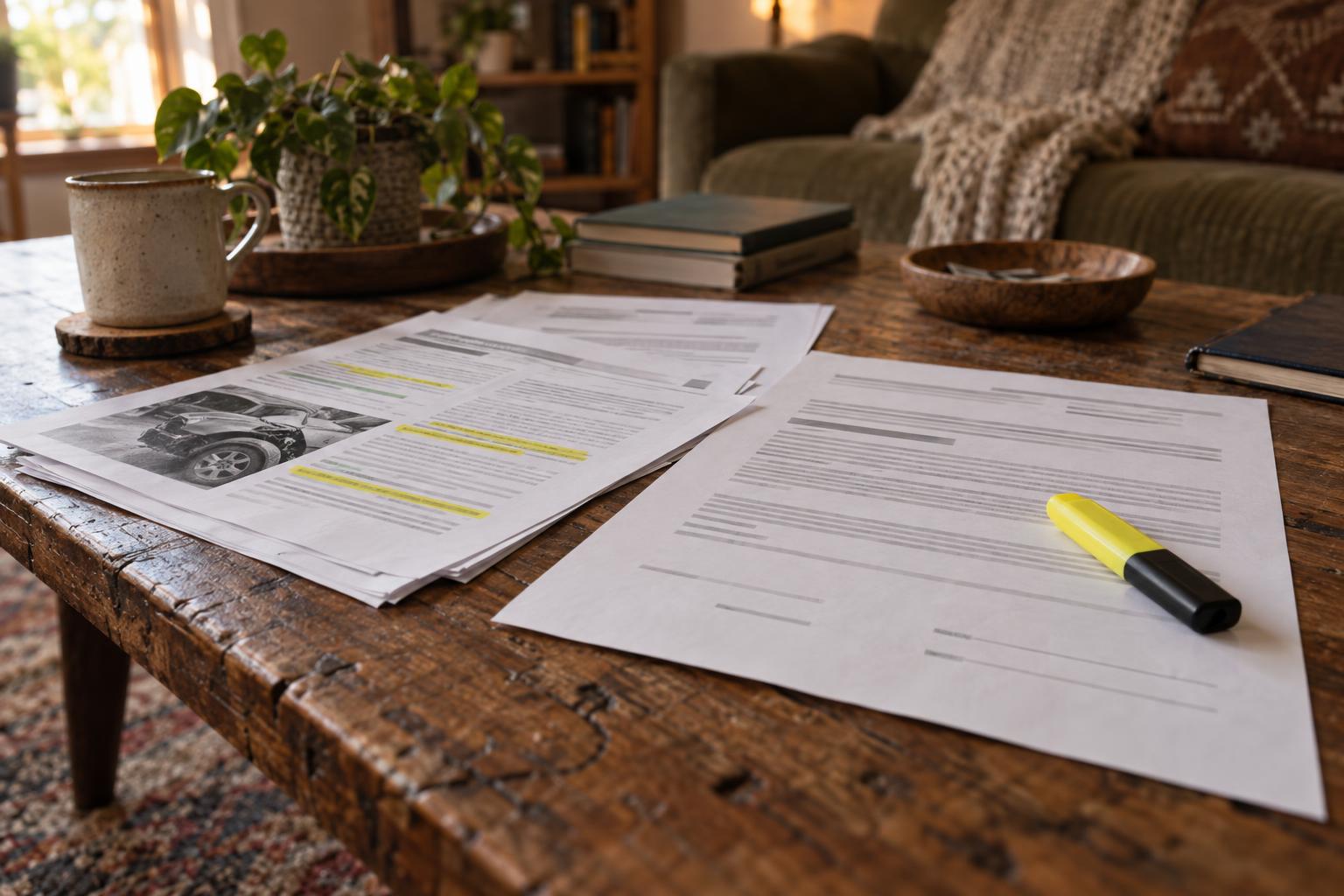 Coffee table with accident claim documents, funding agreement, and highlighter marks.