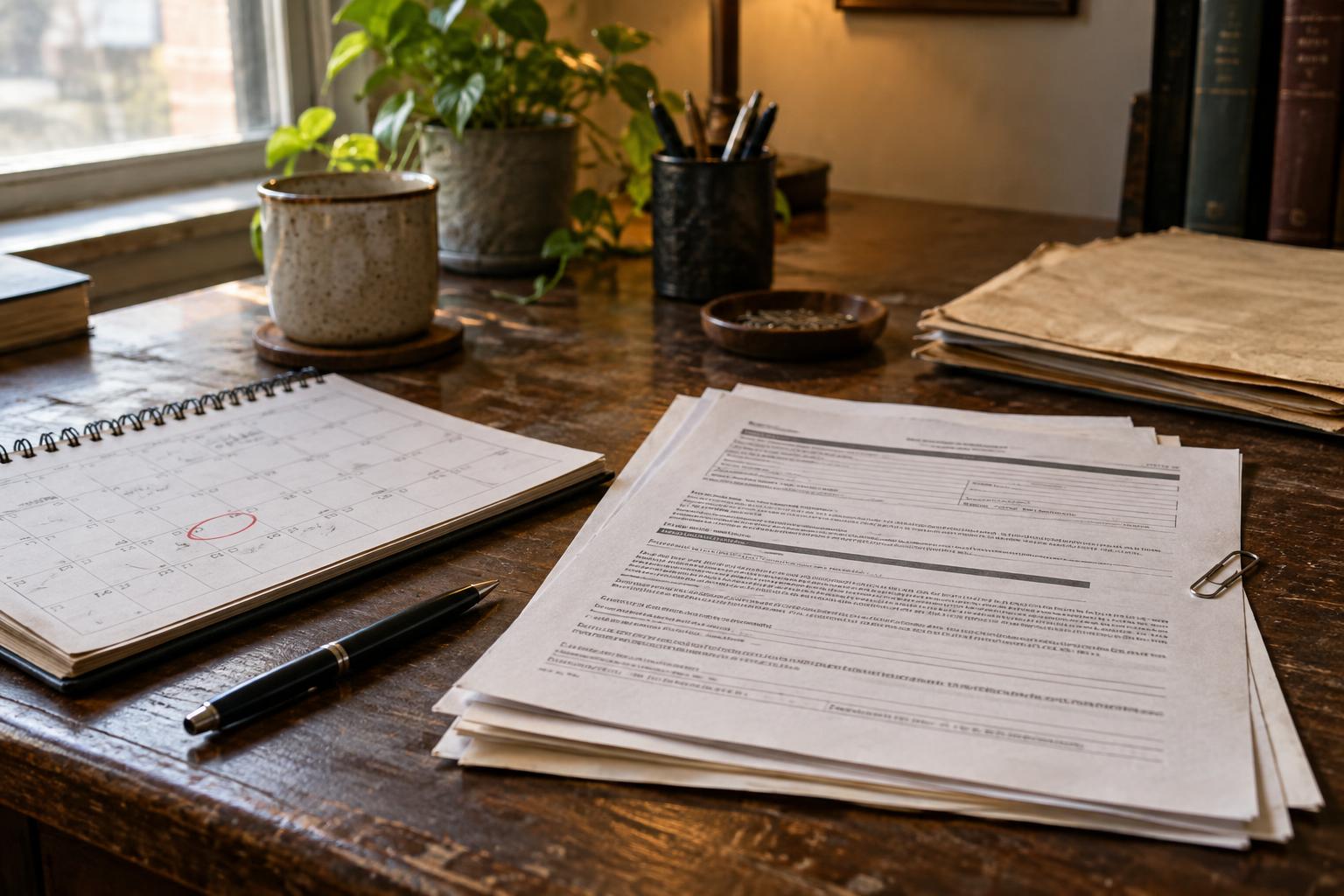 Desk calendar marked with court date beside cash advance disclosure forms.