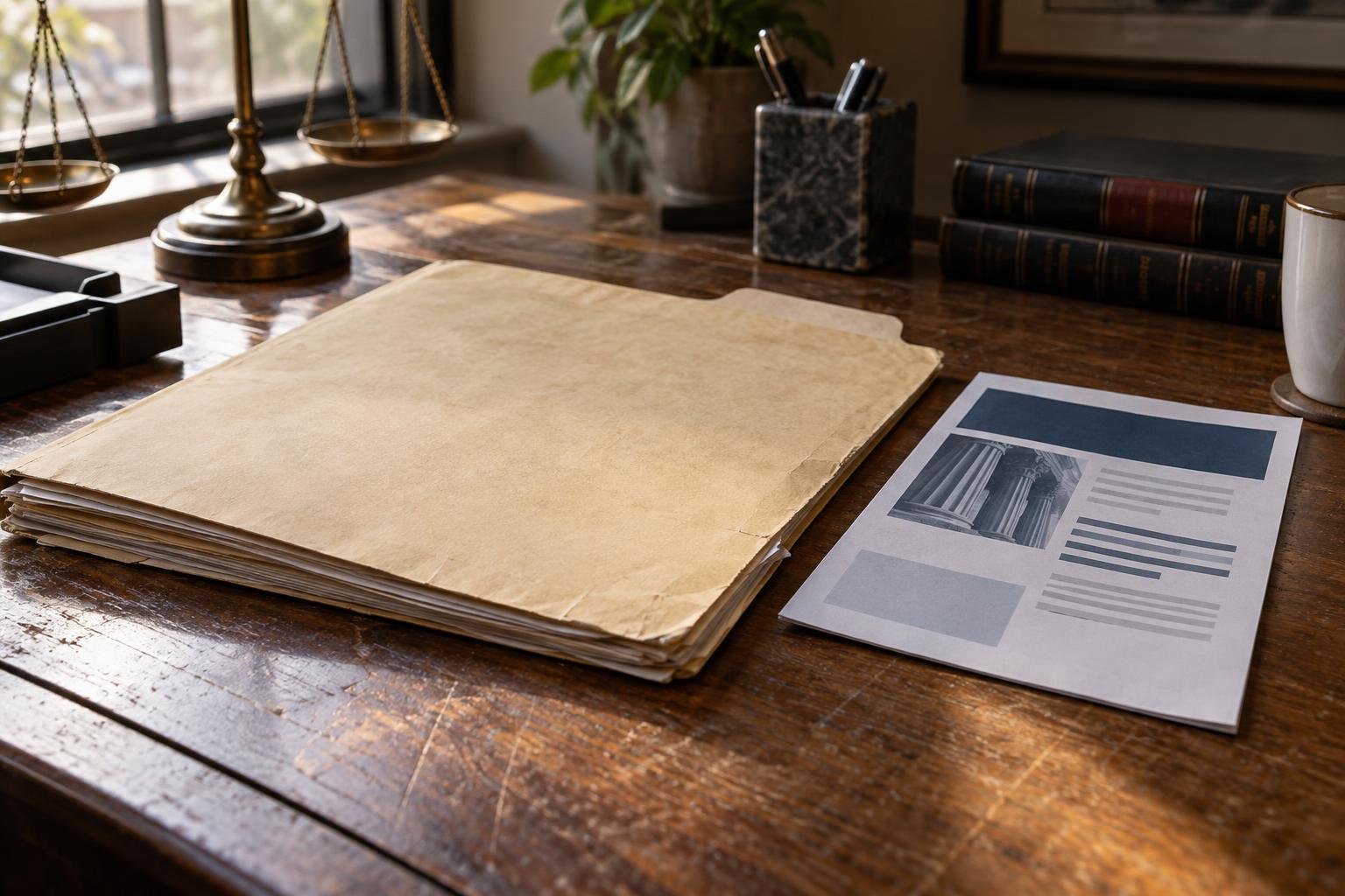Folder labeled lawsuit funding reviews beside state consumer protection pamphlet.