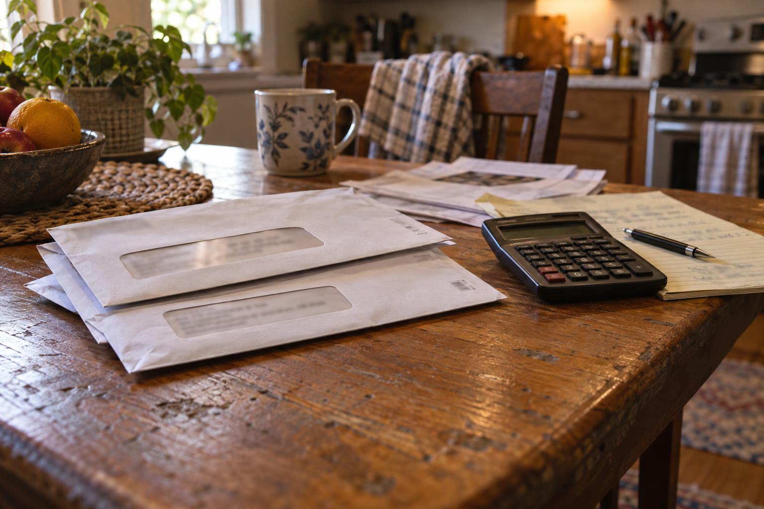 Unopened legal mail and calculator on kitchen table with lawsuit funding notes.