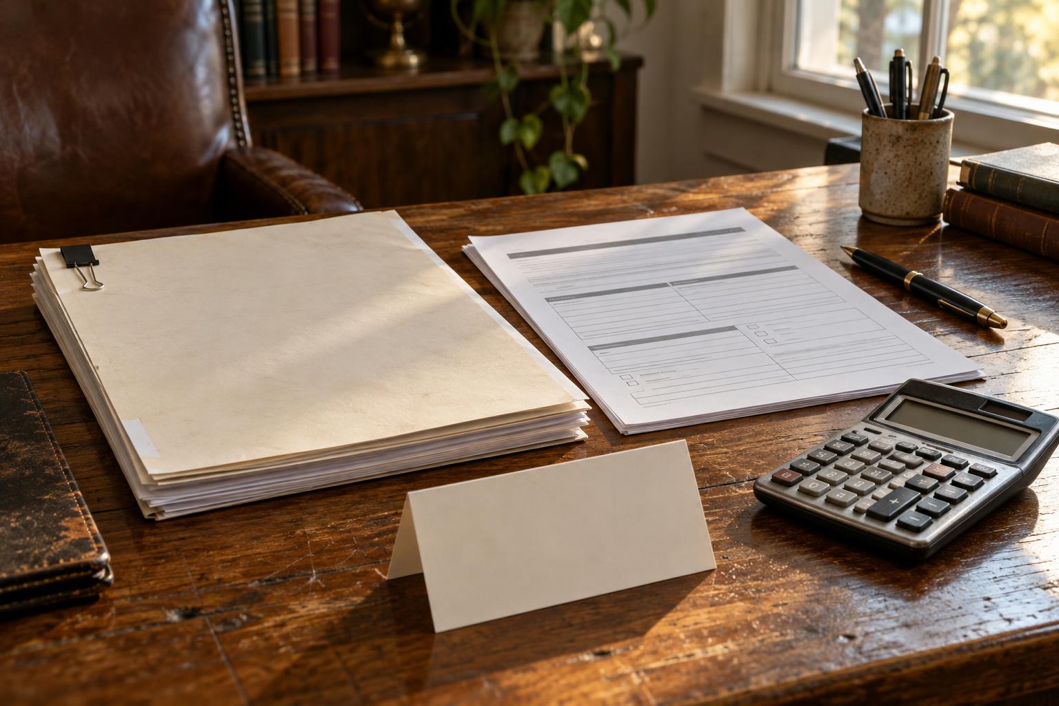 Settlement agreement, funding application, and calculator arranged beside a warning card about attorney communication.