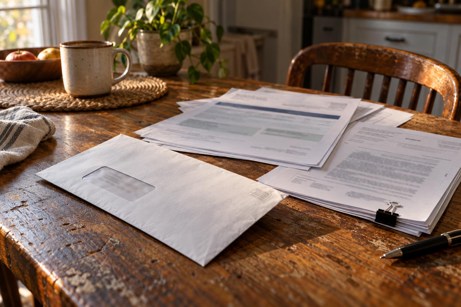Unopened attorney correspondence beside a settlement advance offer and court documents on a kitchen table.