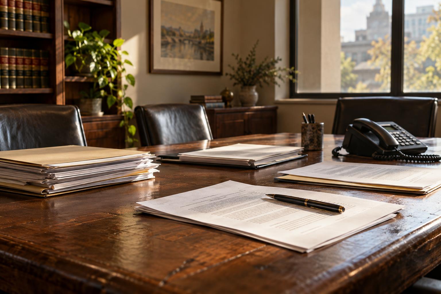 Empty law office conference room with settlement paperwork, funding disclosures, and a telephone awaiting legal advice.