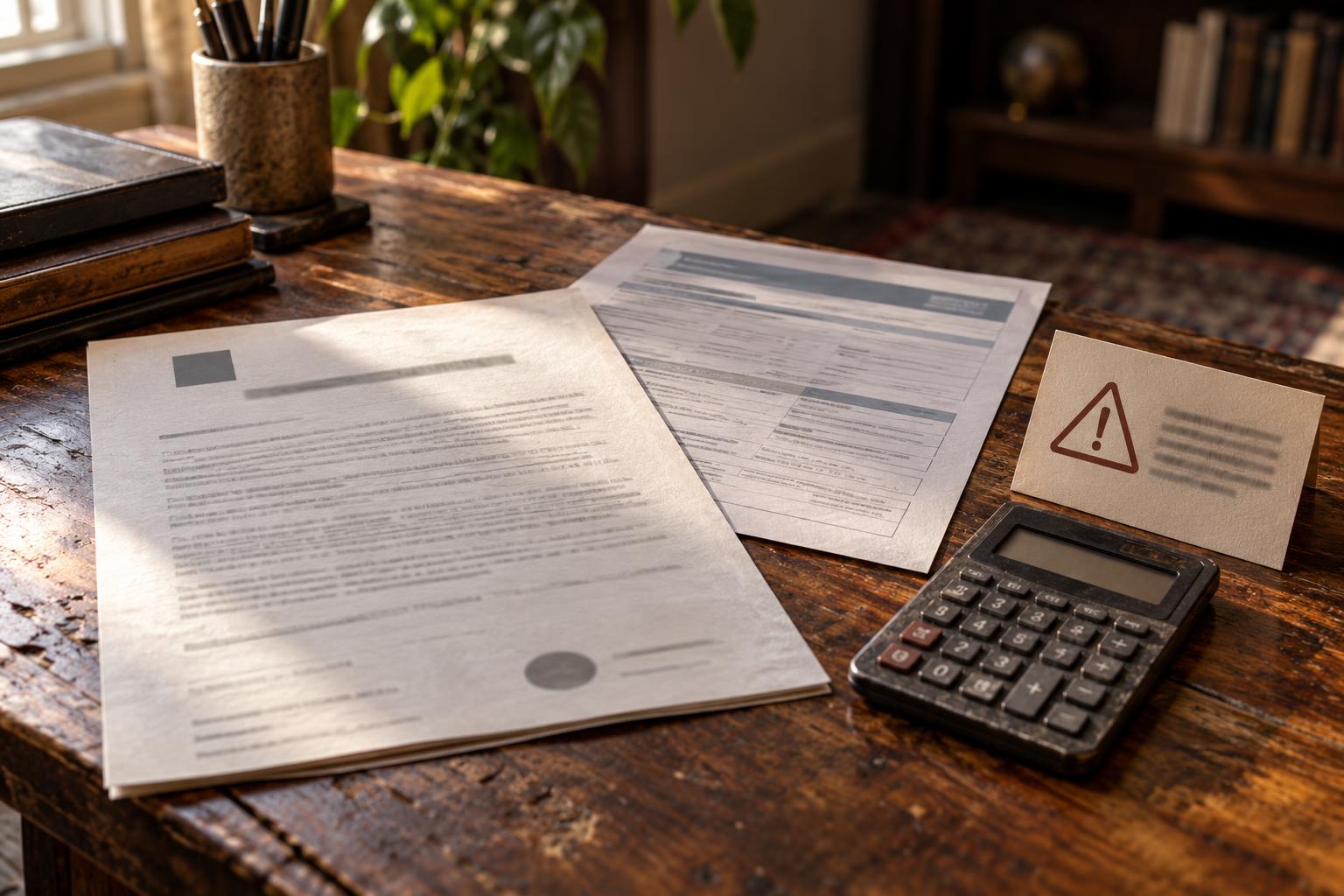 Settlement agreement, funding application, and calculator arranged beside a warning card about attorney communication.