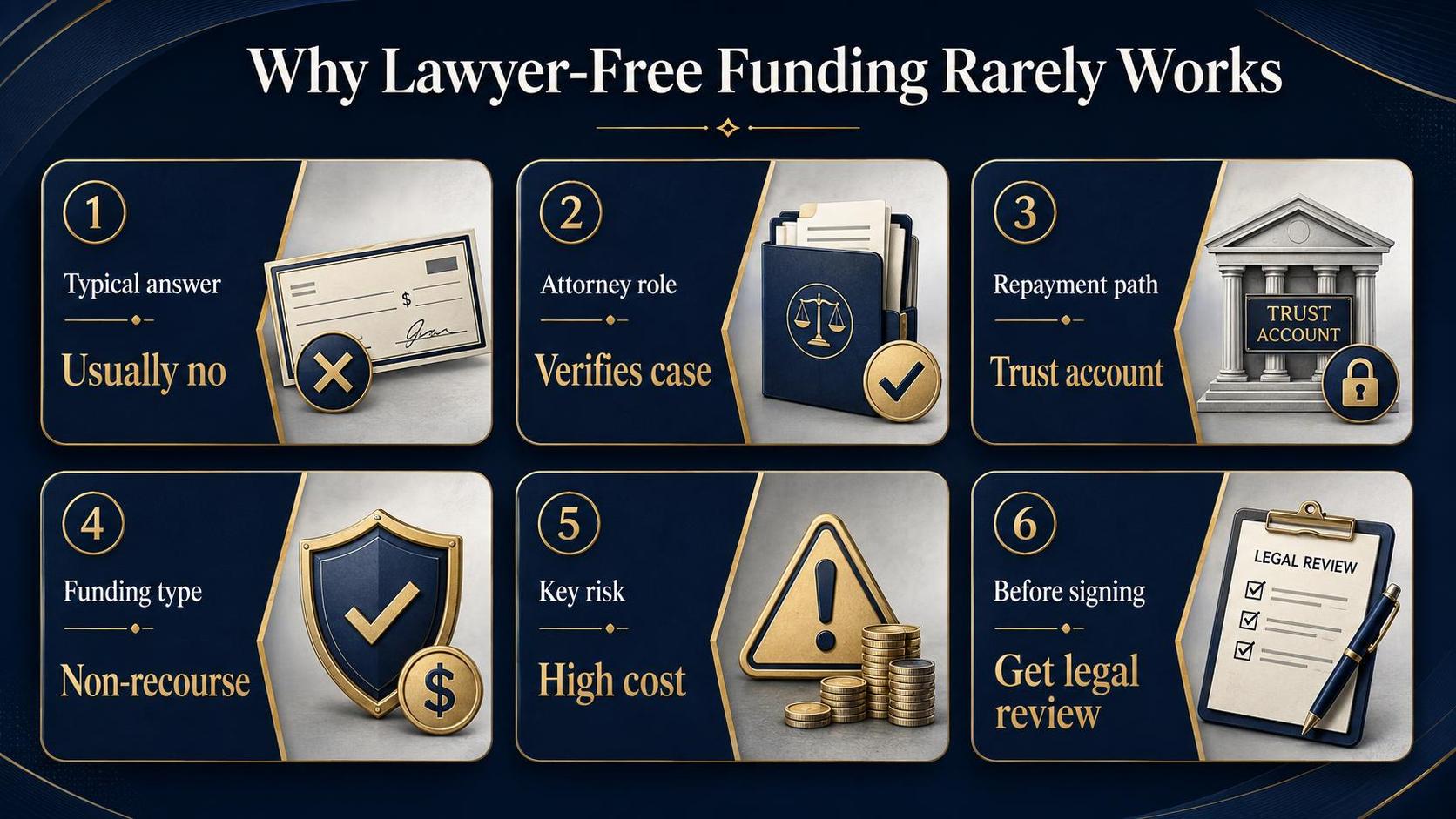 Why Lawyer-Free Funding Rarely Works: Typical answer, Attorney role, Repayment path.