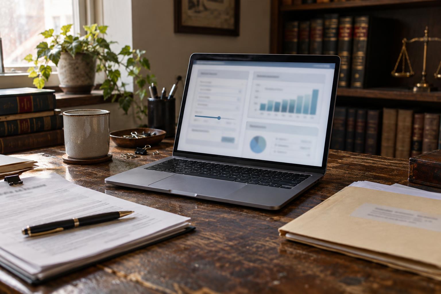 Laptop displaying settlement payout calculator near legal folder and printed court documents.