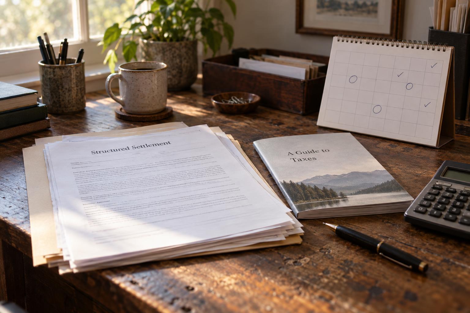 Home office desk with structured settlement paperwork, tax guide, and calendar marked payout dates.