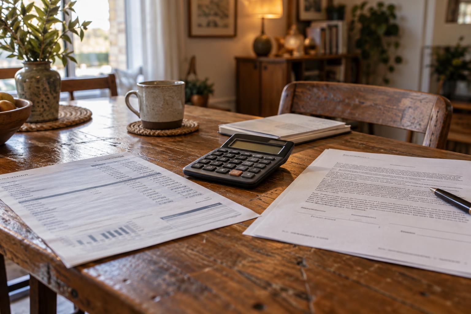 Bank statement, calculator, and annuity contract spread across a small apartment dining table.