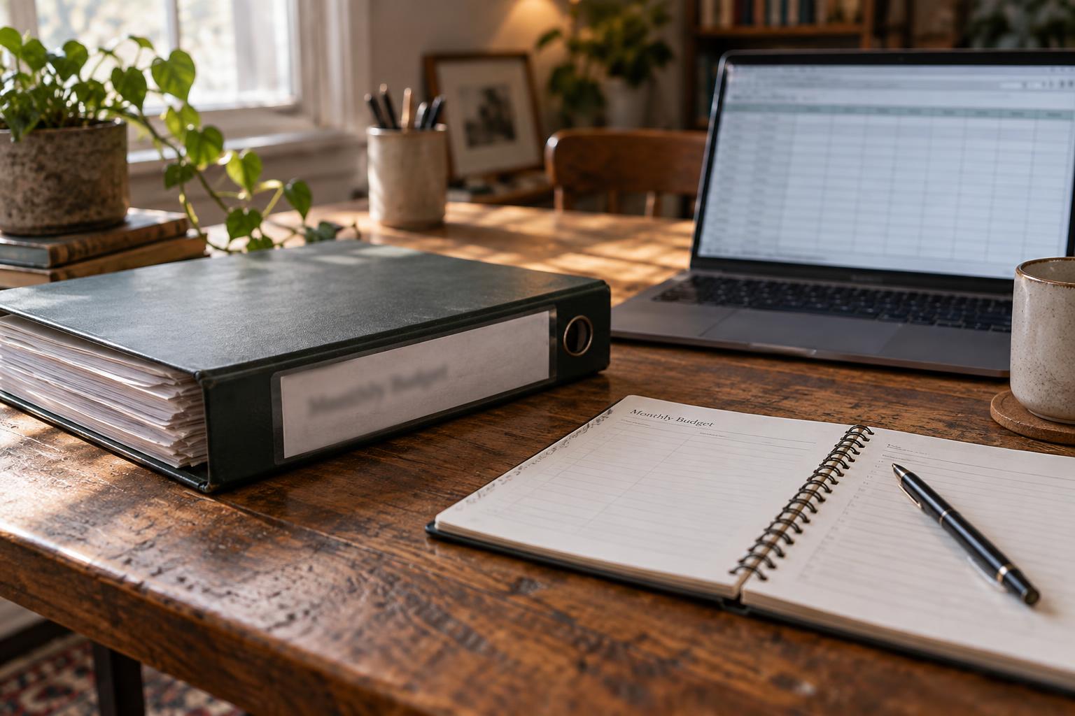 Binder labeled \u201cSettlement Payments\u201d beside laptop spreadsheet and monthly budget notebook.