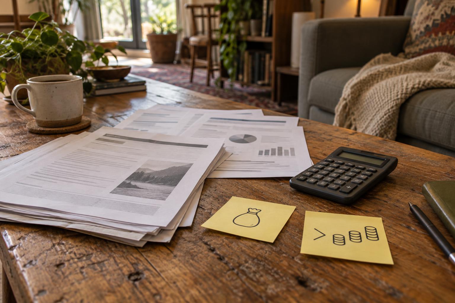 Coffee table with insurance documents, calculator, and sticky notes comparing lump sum versus payments.
