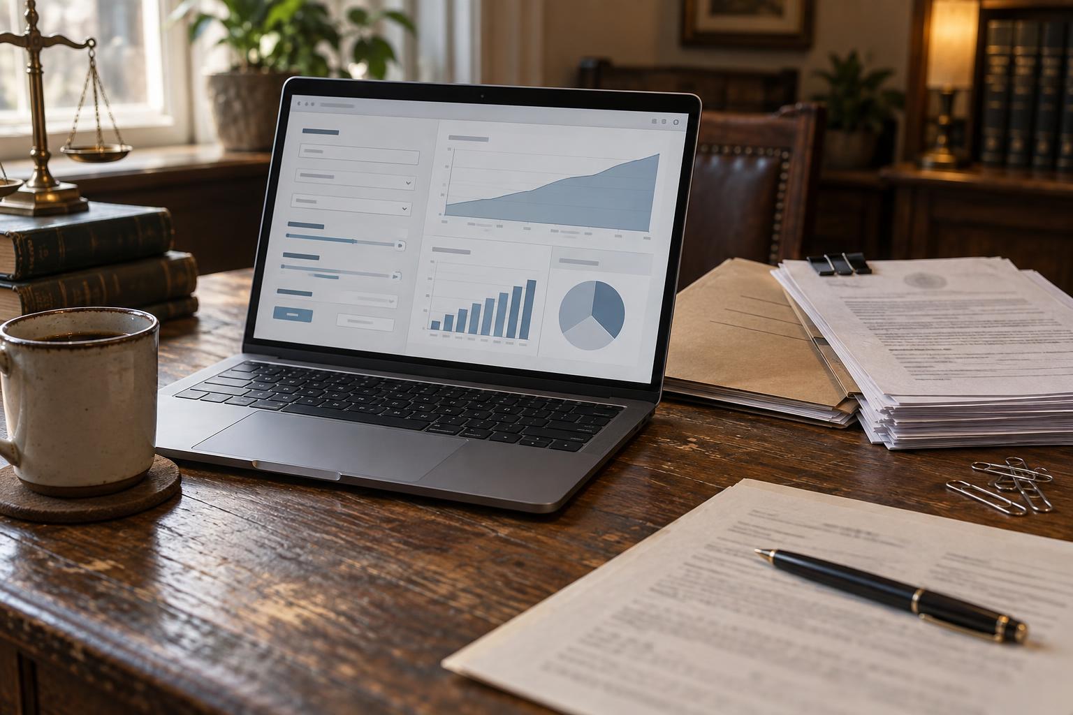 Laptop displaying settlement payout calculator near legal folder and printed court documents.