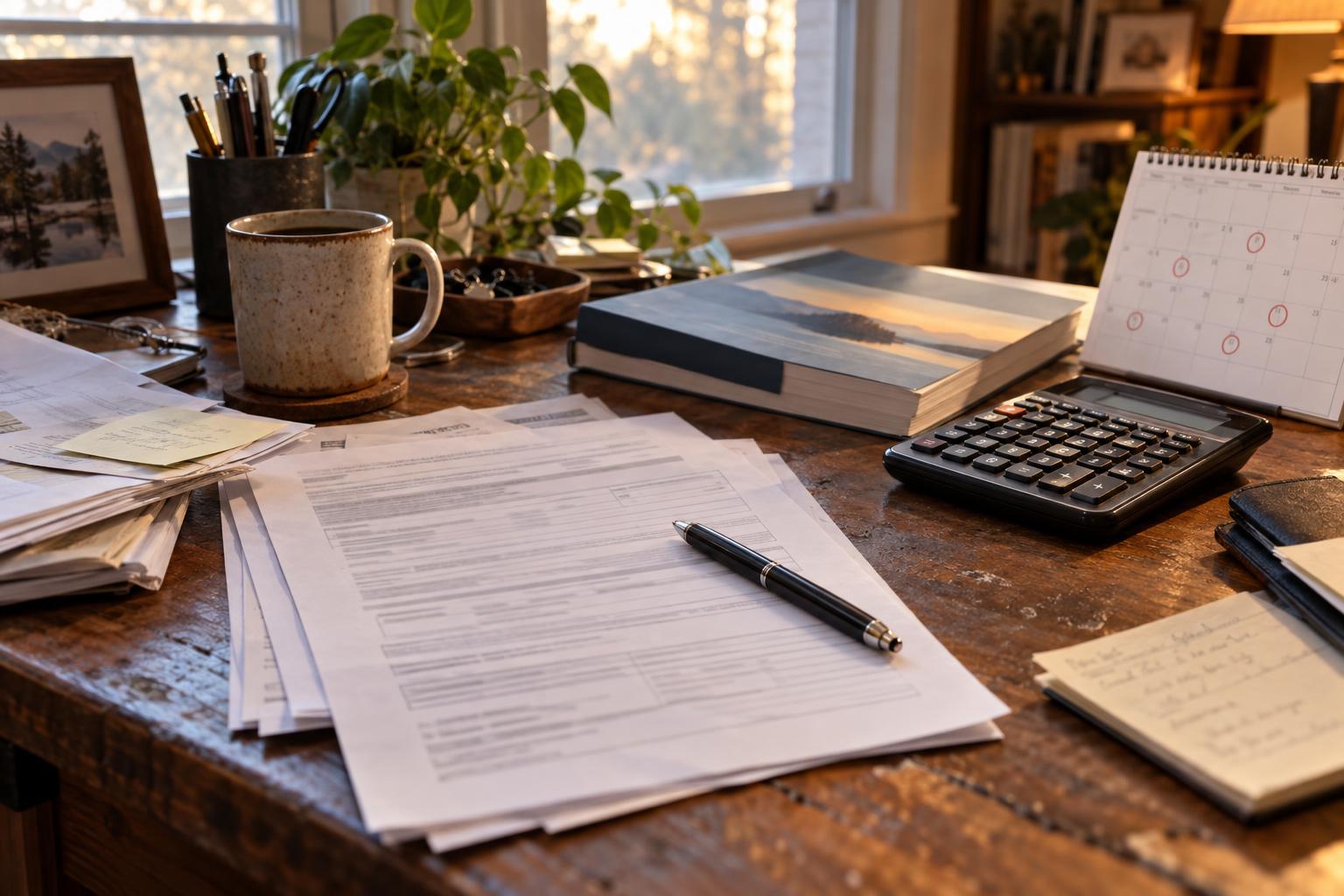 Home office desk with structured settlement paperwork, tax guide, and calendar marked payout dates.