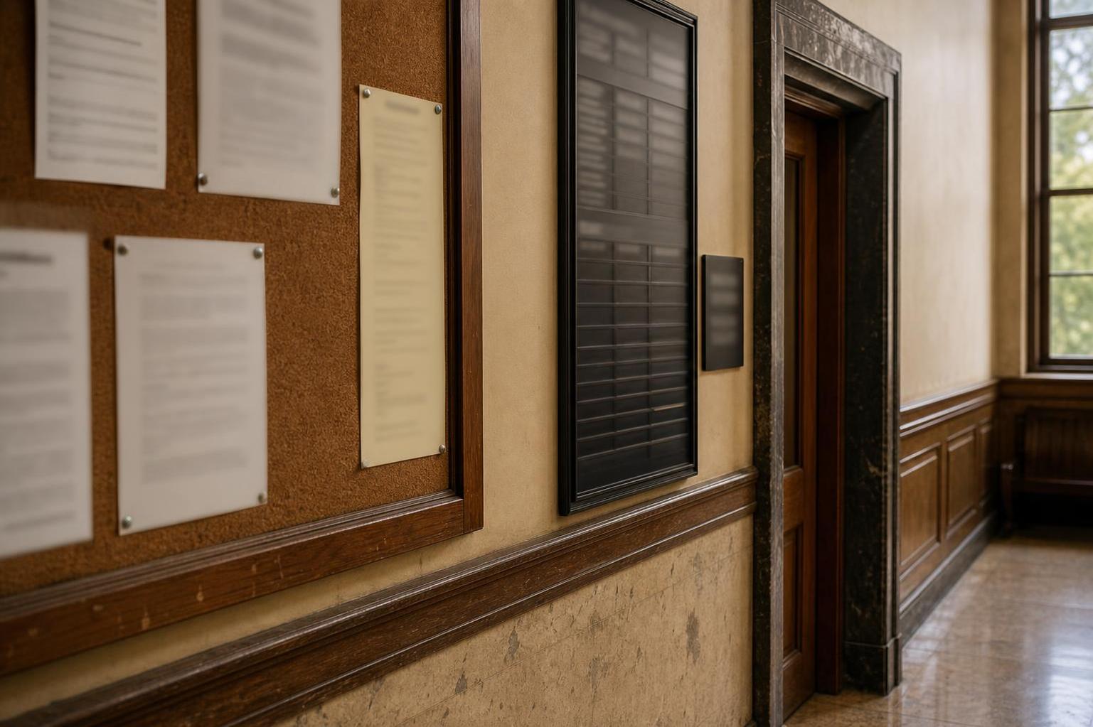 Courthouse hallway bulletin board near civil case schedule and settlement conference room sign.